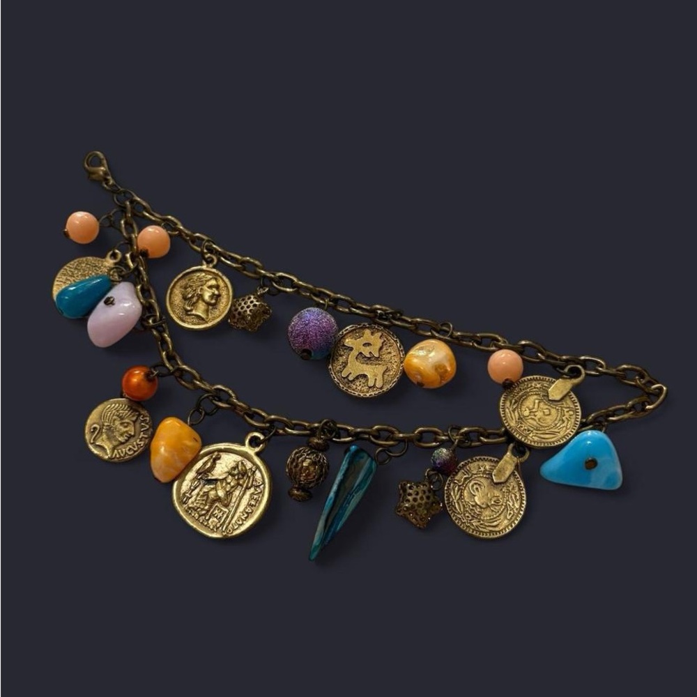 Vintage Charm Bracelet with Gold and Blue Accents
